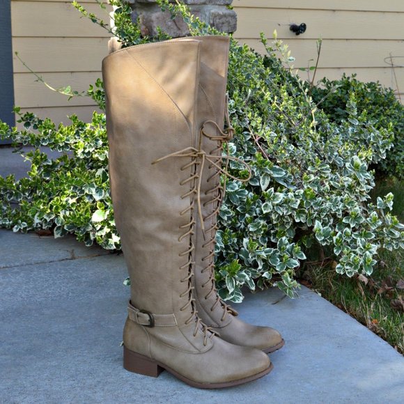 Shoe Dazzle Shoes - Over the Knee Tan Taupe Faux Leather Low Heel Lace Up High Low Top Boots